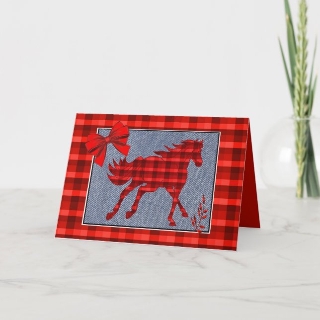 Tarjeta Western Horse Red Plaid Faux Denim (Anverso)
