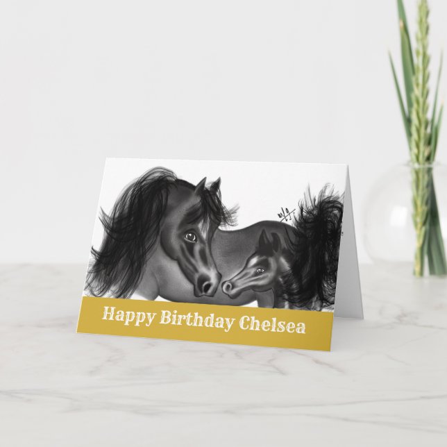 Tarjeta Western Mare Filly Charcoal dibujando feliz cumple (Anverso)