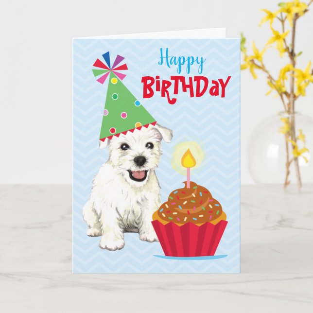 Tarjeta Westie Cupcake de cumpleaños (flor amarilla)