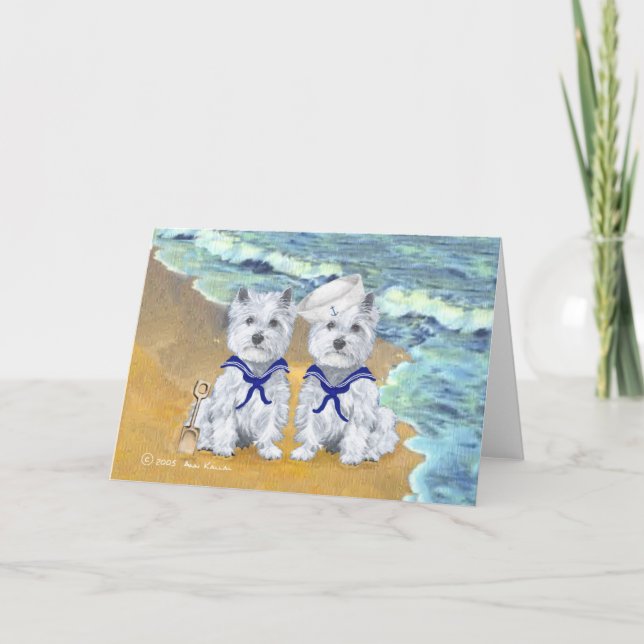 Tarjeta Westie Sailor Twins en la Playa (Anverso)