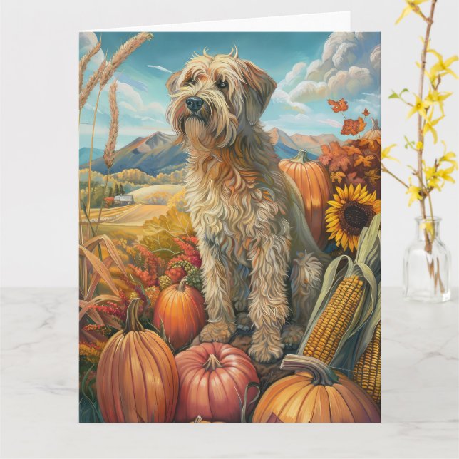 Tarjeta Wheaten Terrier Dog Autumn Harvest Acción de Graci (flor amarilla)