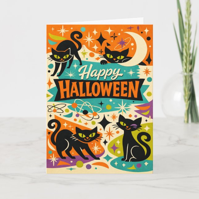 Tarjeta Whimsical Black Cat Atomic Age Halloween (Anverso)