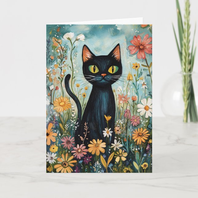 Tarjeta Whimsical Black Cat con Ilustracion de flores silv (Anverso)