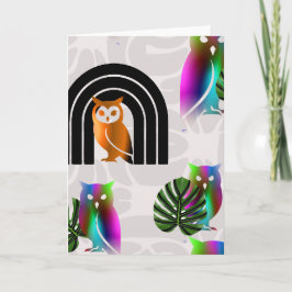 Tarjeta Whimsical Boho Owl & Tropical Monstera Leaf