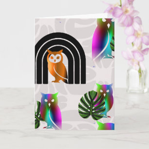 Tarjeta Whimsical Boho Owl & Tropical Monstera Leaf
