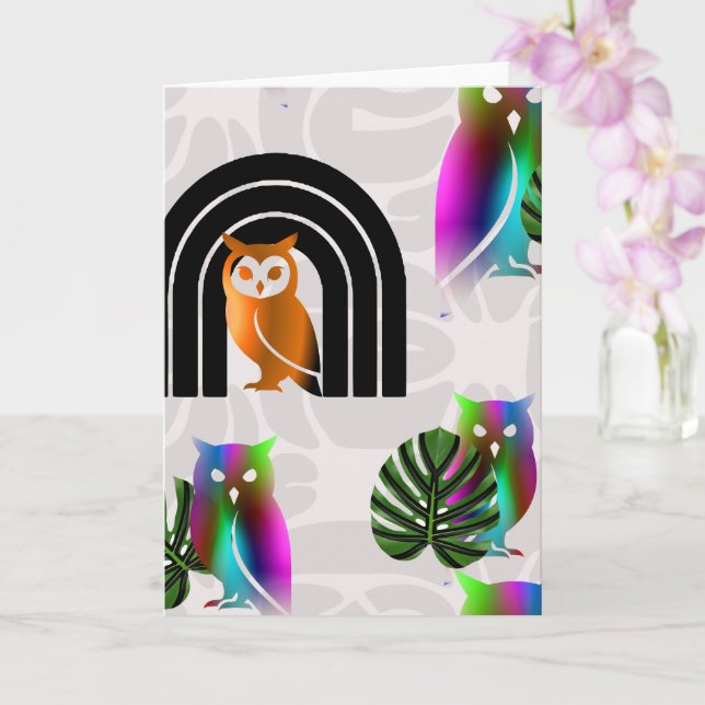 Tarjeta Whimsical Boho Owl & Tropical Monstera Leaf (Orquídea)