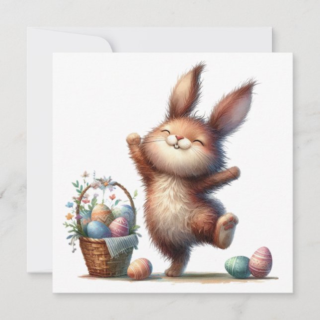 Tarjeta Whimsical Bunny and Basket of Eggs Easter Greeting (Anverso)