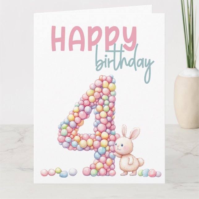 Tarjeta Whimsical Bunny & Candies Watercolor 4º cumpleaños (Anverso)