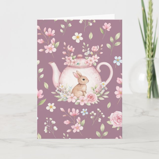 Tarjeta Whimsical Bunny Pink Teapot Floral Easter  (Anverso)