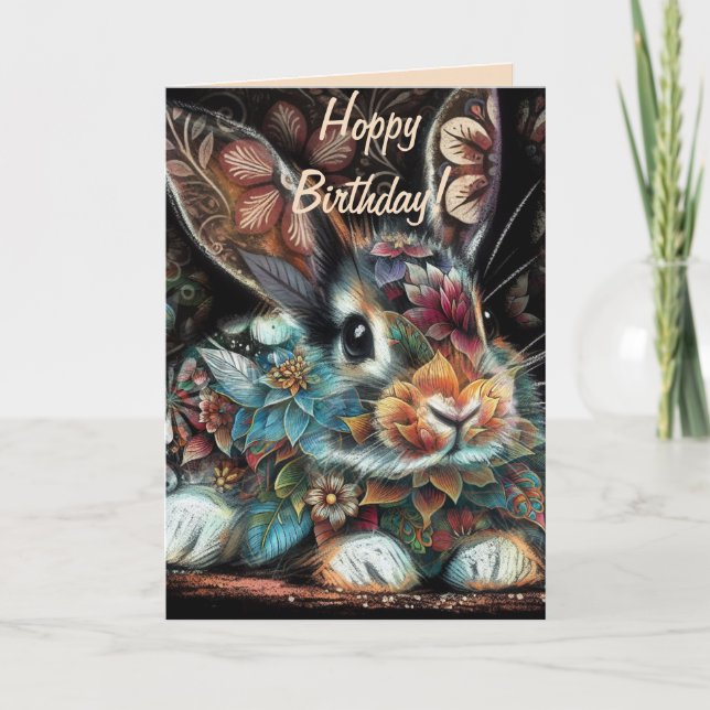 Tarjeta Whimsical Bunny Rabbit Floral Abstract Cumpleaños (Anverso)