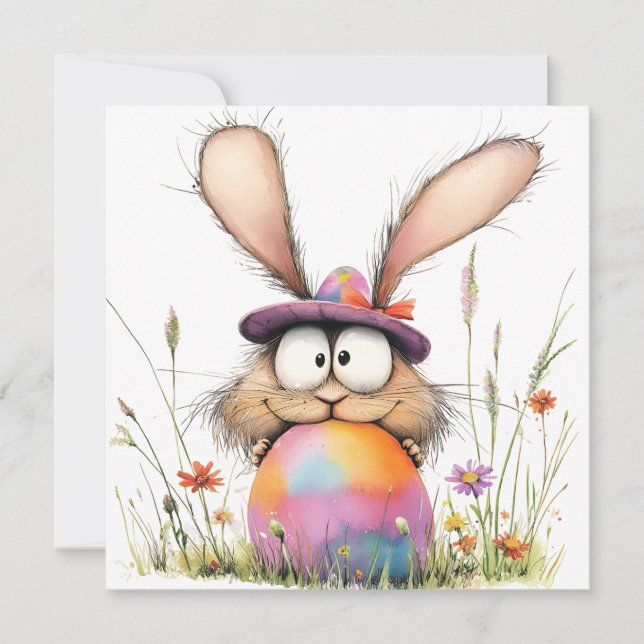 Tarjeta Whimsical Bunny with Decorated Egg Easter Greeting (Anverso)