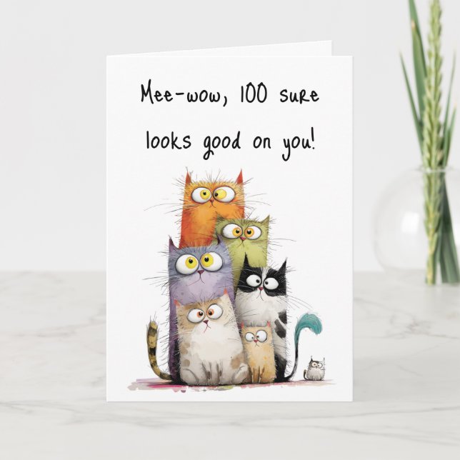 Tarjeta Whimsical Cats Big Eyes 100th Birthday Greeting (Anverso)