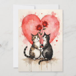 Tarjeta Whimsical Cats Valentine Hearts and Red Roses