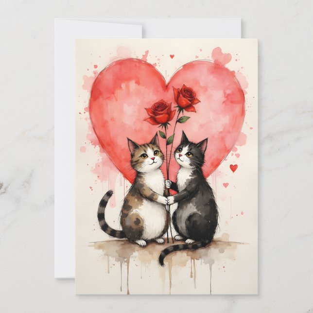 Tarjeta Whimsical Cats Valentine Hearts and Red Roses (Anverso)