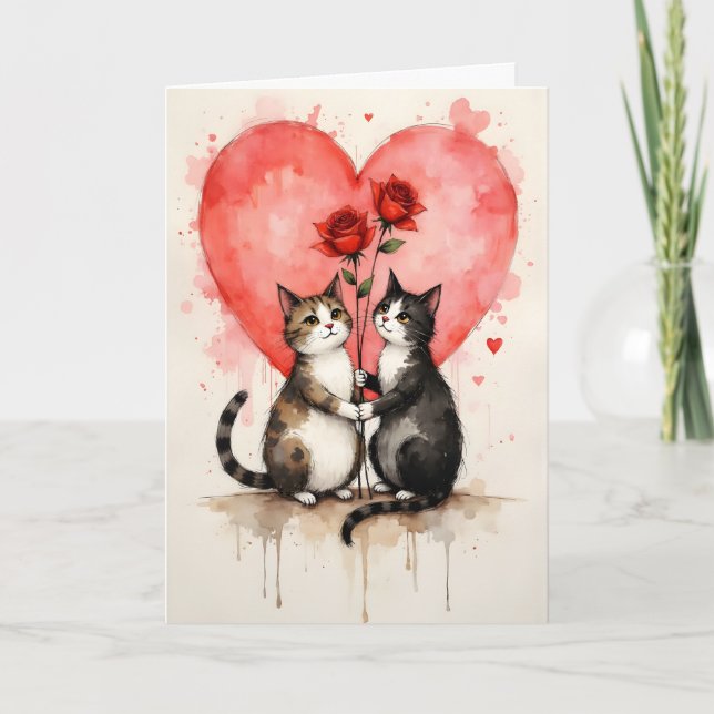 Tarjeta Whimsical Cats Valentine Hearts and Red Roses (Anverso)