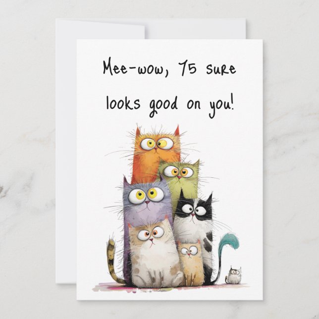 Tarjeta Whimsical Cats with Big Eyes 75th Birthday Flat (Anverso)