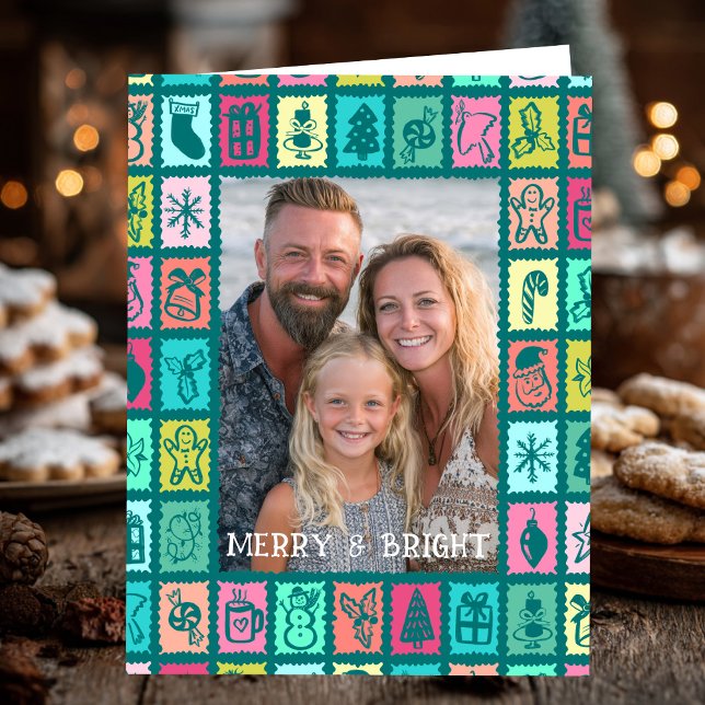 Tarjeta Whimsical Christmas Grid Cute Custom PHOTO Message (Whimsical Christmas Grid Cute Custom PHOTO Message Folded Holiday Card
)