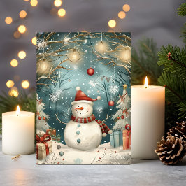 Tarjeta Whimsical Christmas Snowman in Winter Forest
