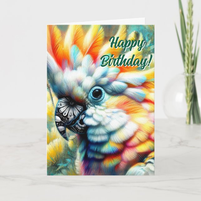 Tarjeta Whimsical Cockatoo Poppies Amarillos Cumpleaños (Anverso)