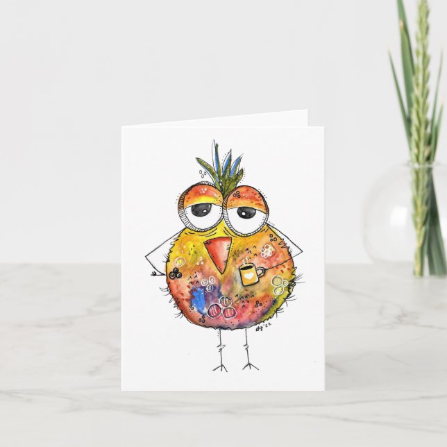 Tarjeta Whimsical Colorful Bird Bebe Café (Anverso)