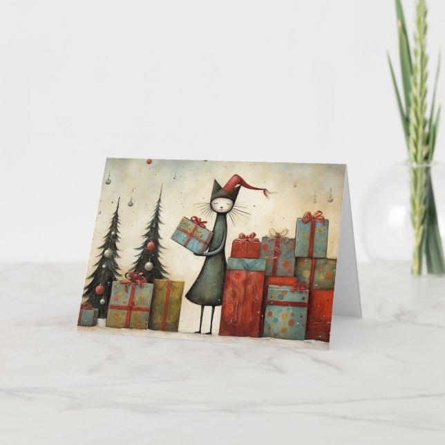 Tarjeta Whimsical Cute Cat with Christmas Gifts and Tree  (Anverso)