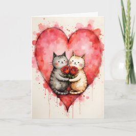 Tarjeta Whimsical Cute Cats Valentine Hearts and Red Roses