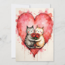 Tarjeta Whimsical Cute Cats Valentine Hearts and Red Roses