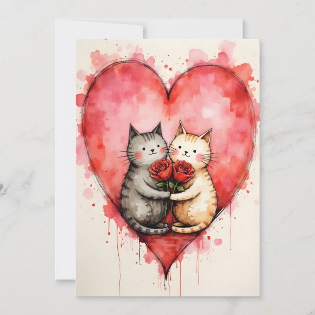 Tarjeta Whimsical Cute Cats Valentine Hearts and Red Roses (Anverso)