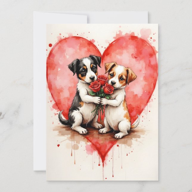 Tarjeta Whimsical Cute Dogs Valentine Hearts and Red Roses (Anverso)