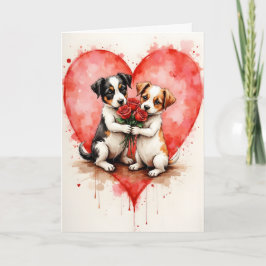Tarjeta Whimsical Cute Dogs Valentine Hearts and Red Roses