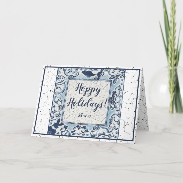 Tarjeta Whimsical Delft Bunny Rabbit Art Vintage Christmas (Anverso)