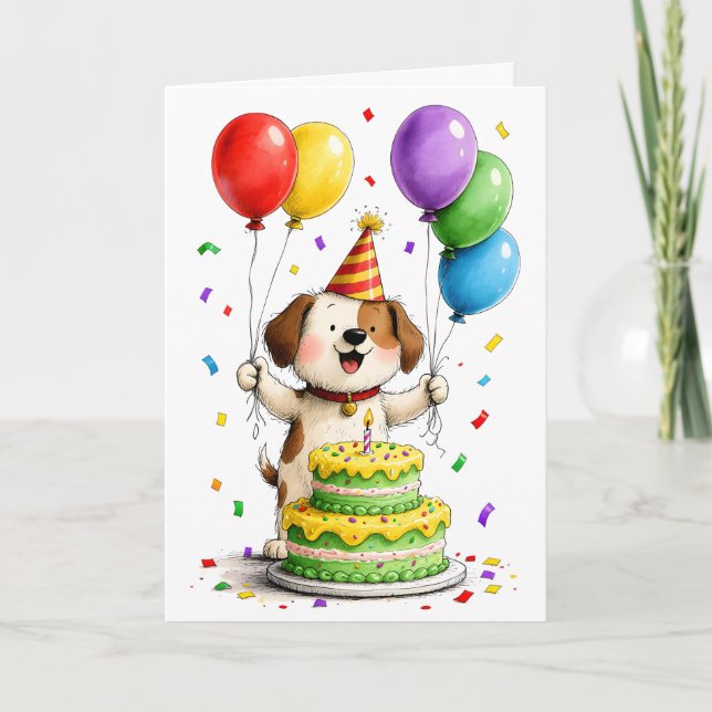 Tarjeta Whimsical Dog Party Hat Cake Balloons Birthday (Anverso)