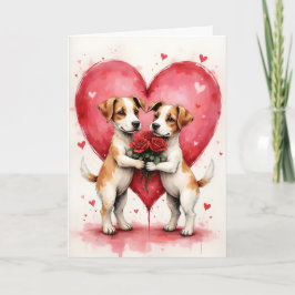 Tarjeta Whimsical Dogs Valentine Hearts and Red Roses