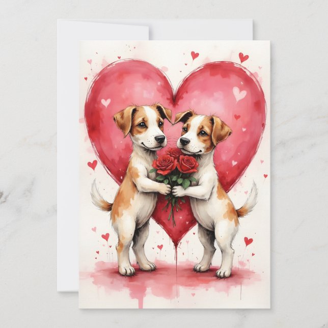Tarjeta Whimsical Dogs Valentine Hearts and Red Roses (Anverso)