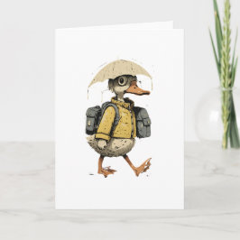 Tarjeta Whimsical Duck Walking in Rain Art
