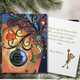 Tarjeta Whimsical Elf Holding Gift & Bird Christmas Card