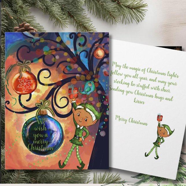 Tarjeta Whimsical Elf Holding Gift & Bird Christmas Card (Whimsical Elf Holding Gift & Bird Christmas Card)