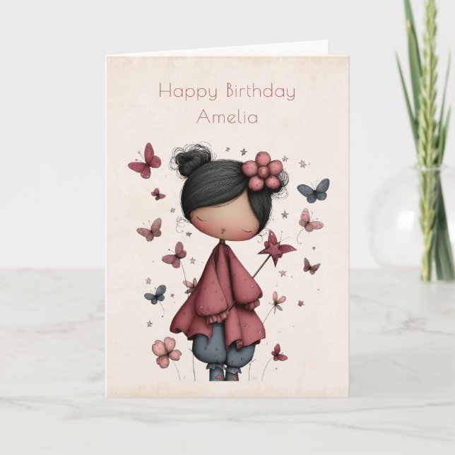 Tarjeta Whimsical Fairy Doll Retro Cute Birthday (Anverso)