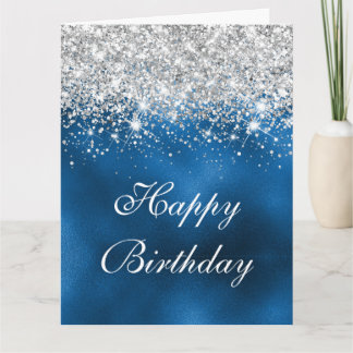 Tarjeta Whimsical Faux Royal Blue Silver Purpurina Cumplea