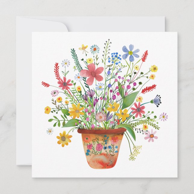 Tarjeta Whimsical Flowers in Pot Cheer Thinking of You (Anverso)