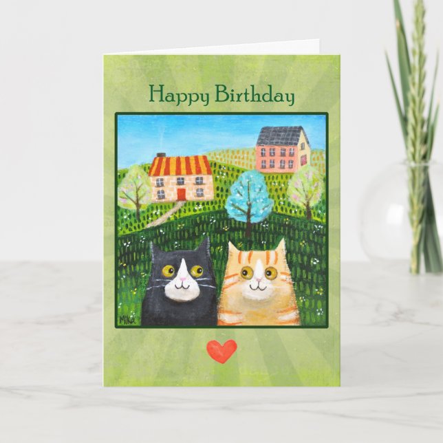 Tarjeta Whimsical Folk Art Cats Custom Message birthday  (Anverso)