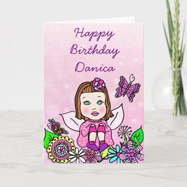 Tarjeta Whimsical Folk Art Fairy Chica Feliz cumpleaños (Anverso)