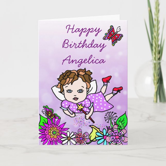 Tarjeta Whimsical Folk Art Fairy Chica Feliz cumpleaños (Anverso)