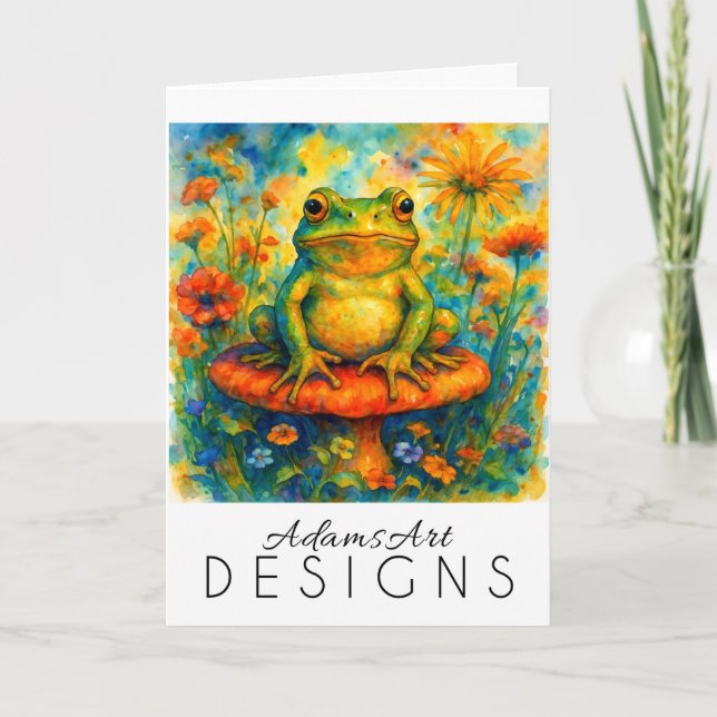 Tarjeta Whimsical Frog on Mushroom Watercolor (Anverso)