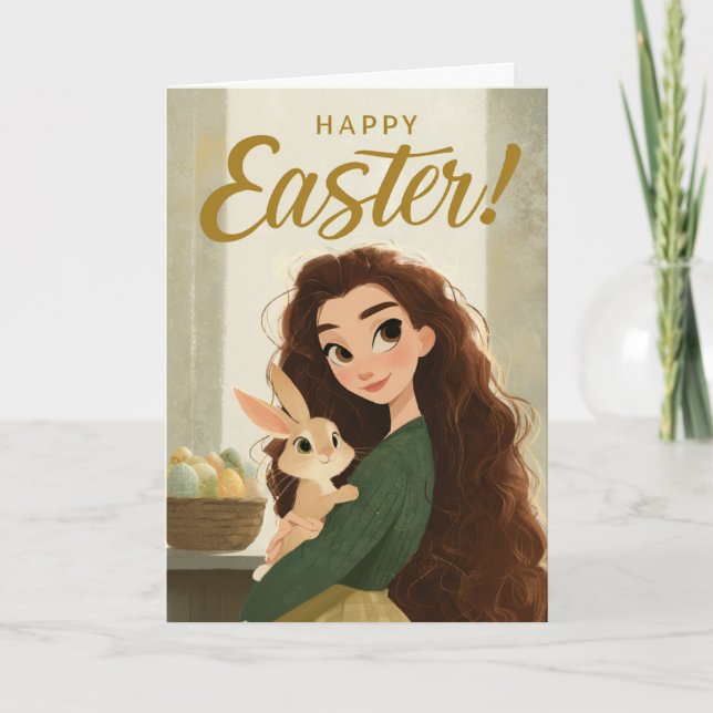 Tarjeta Whimsical Girl and Baby Bunny Easter Greeting (Anverso)