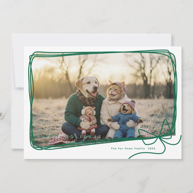 Tarjeta Whimsical Green Ribbon Frame Holiday Photo (Anverso)