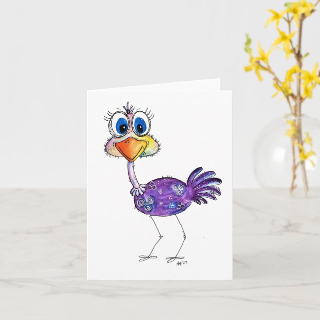 Tarjeta Whimsical Happy Purple Ostrich (flor amarilla)