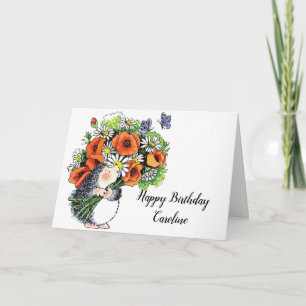 Tarjeta Whimsical Hedgehog and Poppies Cumpleaños
