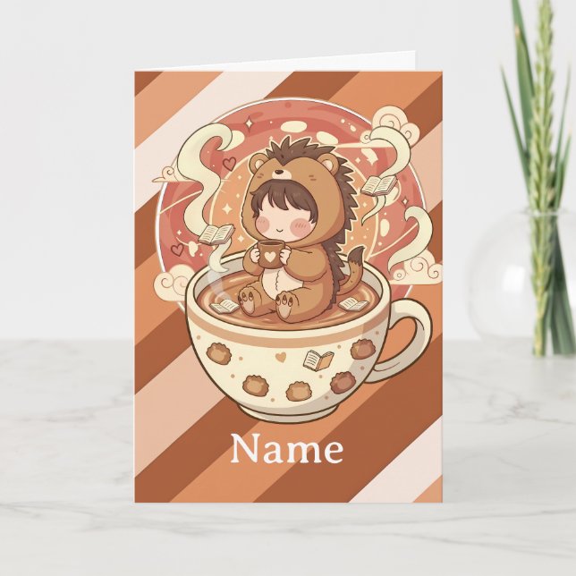 Tarjeta Whimsical Hedgehog Coffee Greeting Card (Anverso)