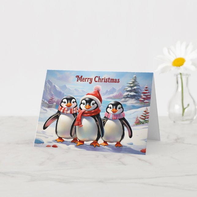 Tarjeta Whimsical Holiday Penguin Trio (Planta pequeña)